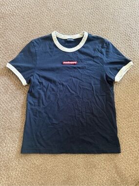 Madhappy Navy Blue Tee with White Trim and Red/Pink Logo